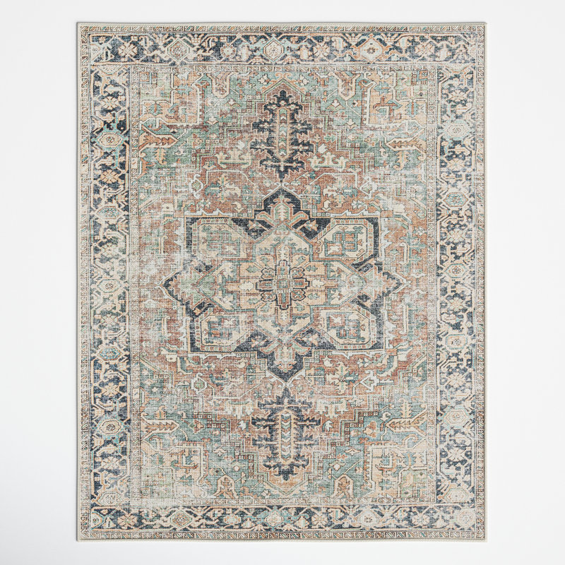 Hodnett Oriental Blue/Ivory Machine Washable Area Rug, Rectangle 7'6" x 9'6"