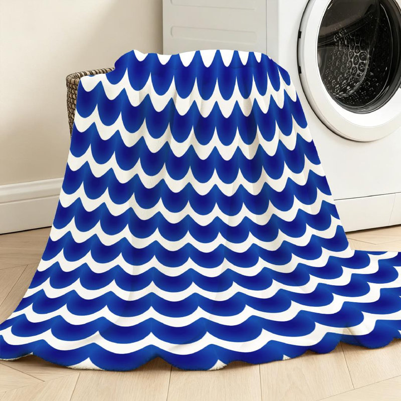Jeté en flanelle bleue ultra douce et imprimé de vagues abstraites blanches sur une face, Jeté 50 po x 60 po
