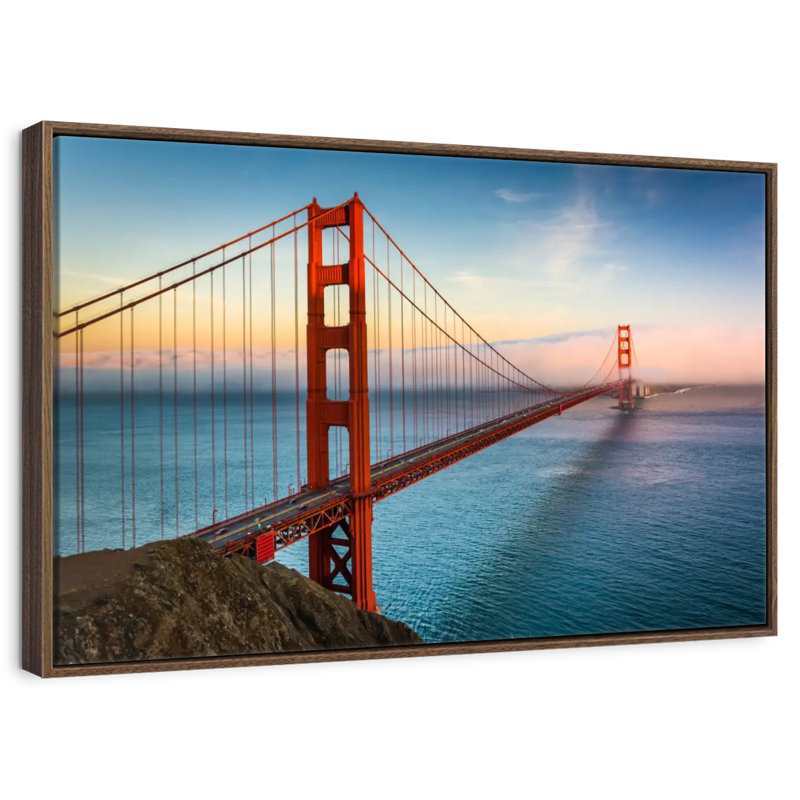 Golden Gate, lever de soleil sur l'océan, 46 po x 31 po, Cadre flottant noyer