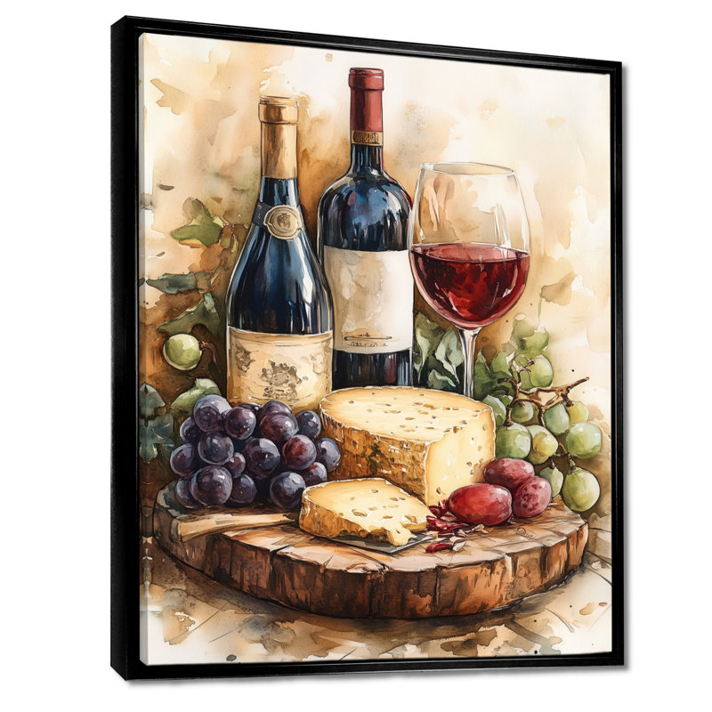 «Brown Wine and Cheese Gathering - Kitchen Still Life», reproduction d'art encadrée, 40" H x 30" W, Cadre flottant noir