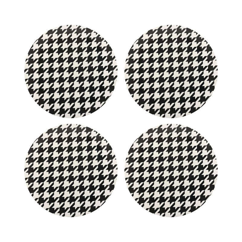Houndstooth Black White Vegan Leather Round Coasters, Black White