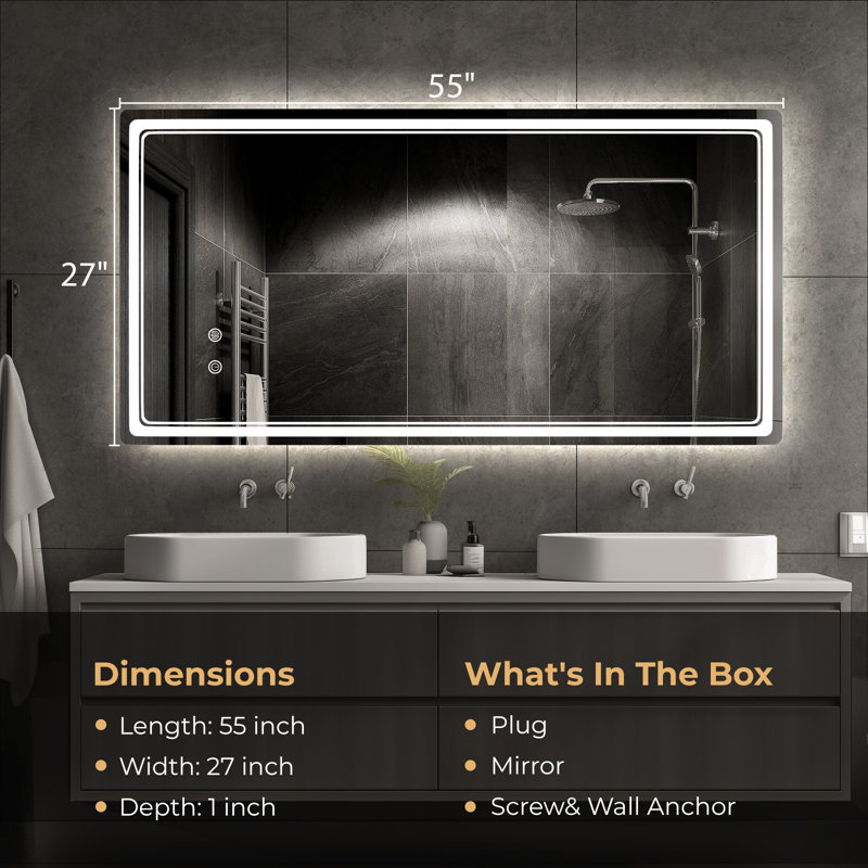LED Rectangle Mirror with Defogging & 3 Light Modes for Bathroom, 36'' x 27''