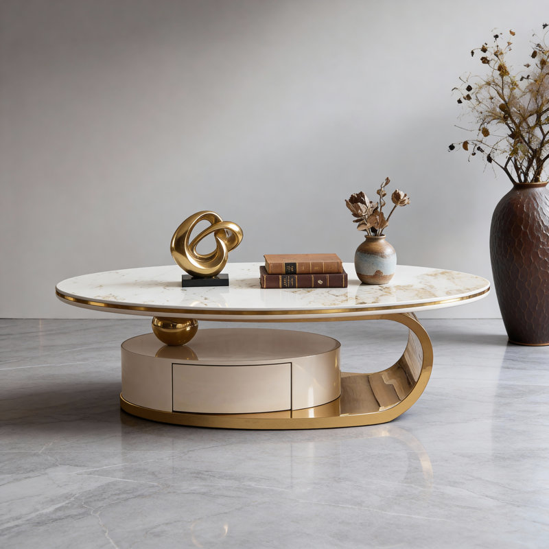 Table basse ovale moderne de 51 po avec plateau en pierre frittée, base et tiroir dorés, entièrement assemblée 