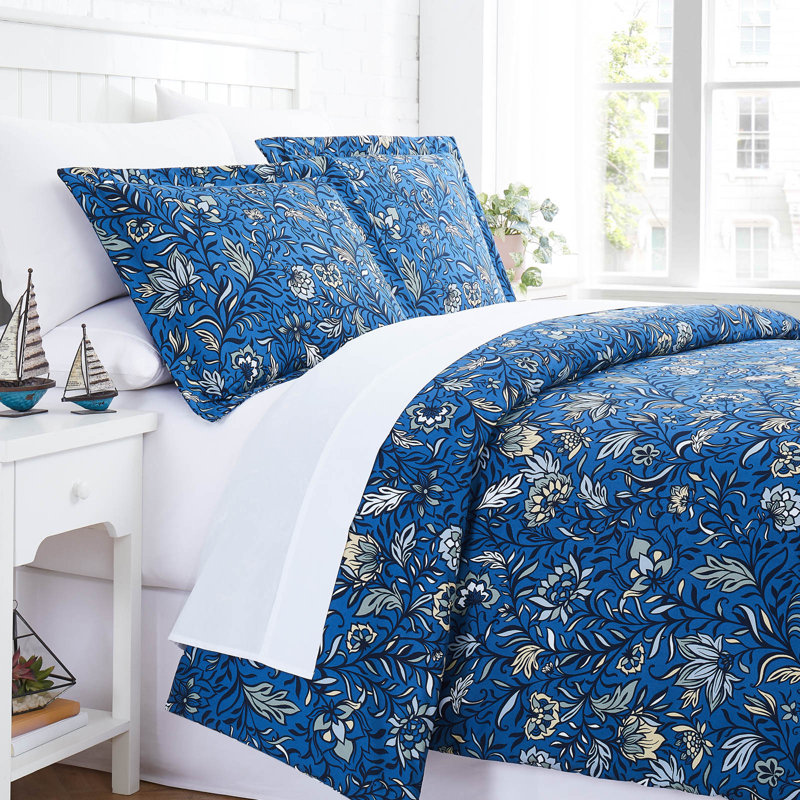Blooming Blossoms Duvet Cover Set, Queen Duvet Cover + 2 Shams, Blue