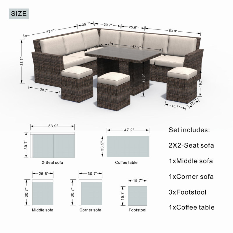 Ensemble de conversation modulaire en rotin 8 pièces avec coussins Outten, Brun