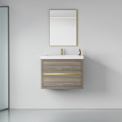 Meuble-lavabo mural de 76 cm (30 po) avec comptoir et lavabo en pierre reconstituée, armoire gris cendré, 2 tiroirs