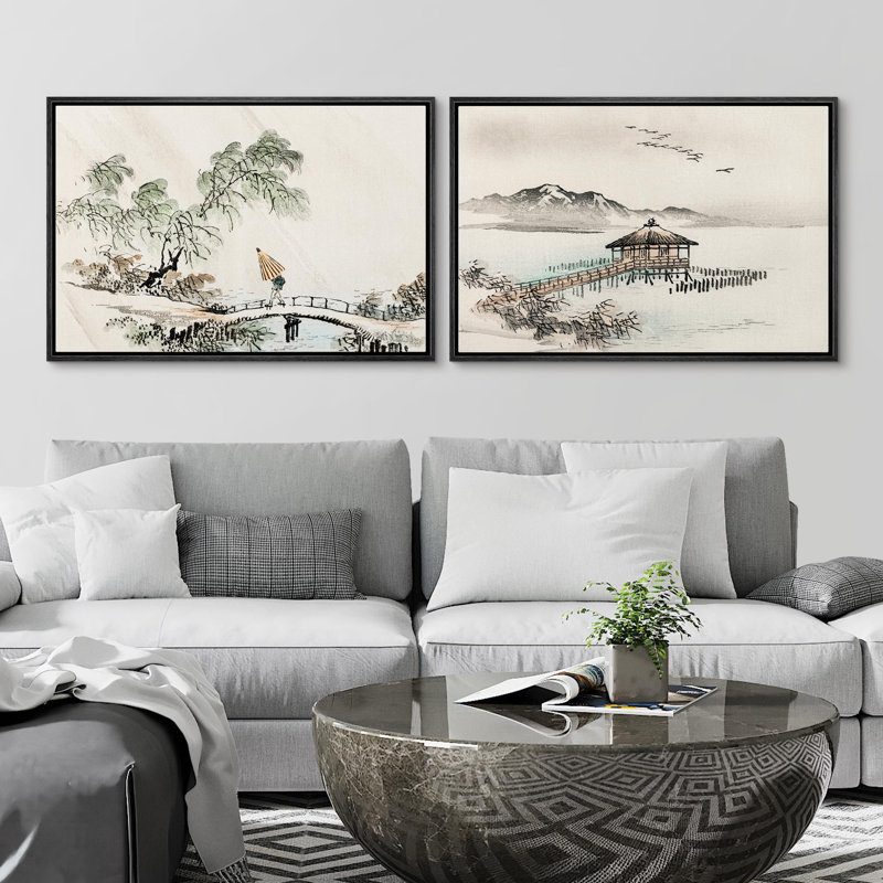 Paysage abstrait "Peinture à l'encre, arbres du lac Lanadscape", 2 pièces, Cadre noir, H 24 po x l 36 po