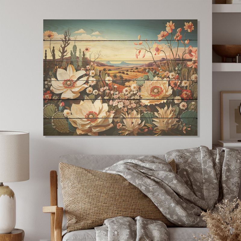 Modern Cactus Country Charm I - Flowers Wood Wall Art On Natural Pine Wood, 10" H x 20" W