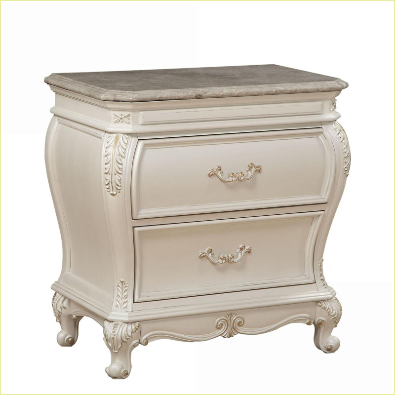 Table de chevet 2 tiroirs Pearl White avec pieds Queen Anne