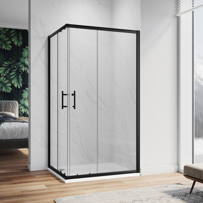 80cm L-Shape Sliding Shower Enclosure, 5mm Clear Tempered Glass, Matte Black Aluminum Frame, Reversible Installation