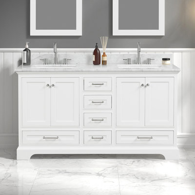 Meuble-lavabo double 61 po avec plateau en marbre de Carrare Daynisha