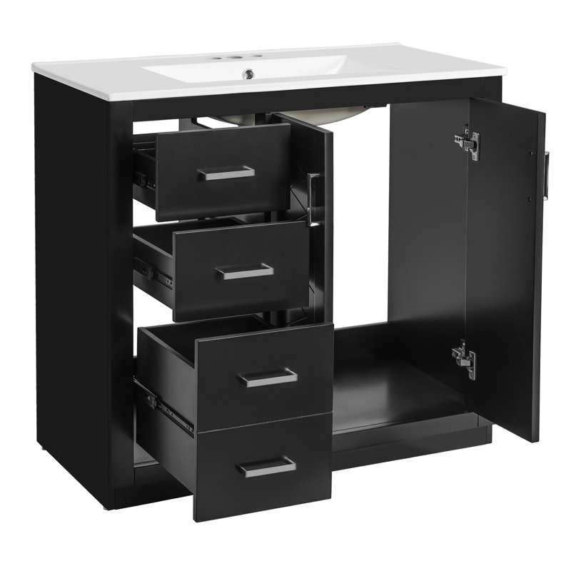 Meuble-lavabo de 36 po avec lavabo en céramique, rangement en bois massif, tiroirs, planches, beaucoup d'espace pour les articles de toilette, design rétro, poignées exquises, glissement en douceur, évier de 36 po à installation moderne, cadre
