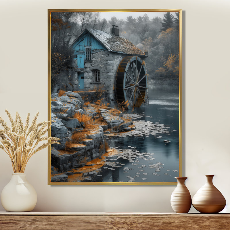 Impression sur toile grise, bleu, hiver, roue à eau, moulin Wonder Mills, Cadre doré flottant, bois massif, H 30 po x l 40 po