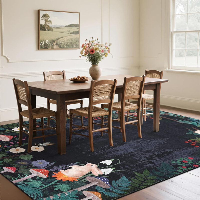 2x6 Washable Kitchen Rug, Non-Slip Jungle Animal Print, Low Pile, Stain-Resistant for Hallway, Entryway, Bathroom, Black