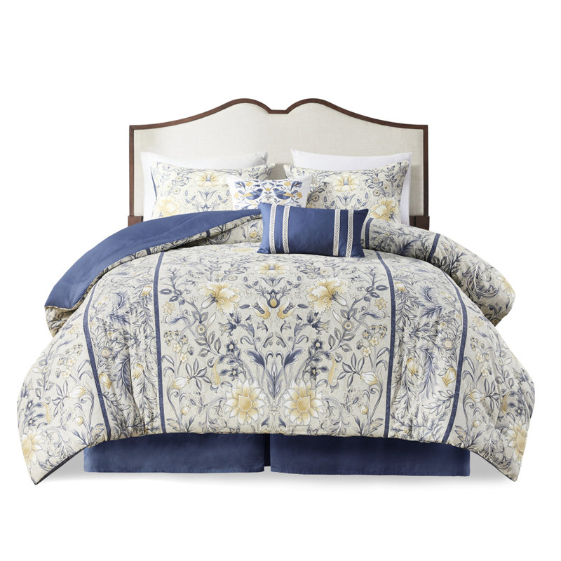 Édredon 6 pièces Multi King - 100% coton imprimé botanique bleu et jaune, Édredon de très grande taille et 5 pièces suppl