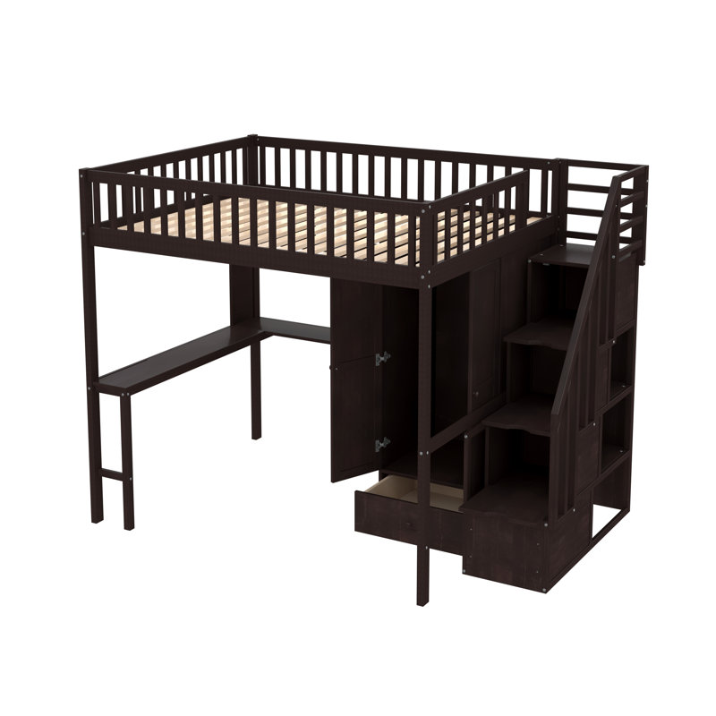 Gunjan Loft Bed with Bookshelf,Drawers,Desk,and Wardrobe, Espresso, Full