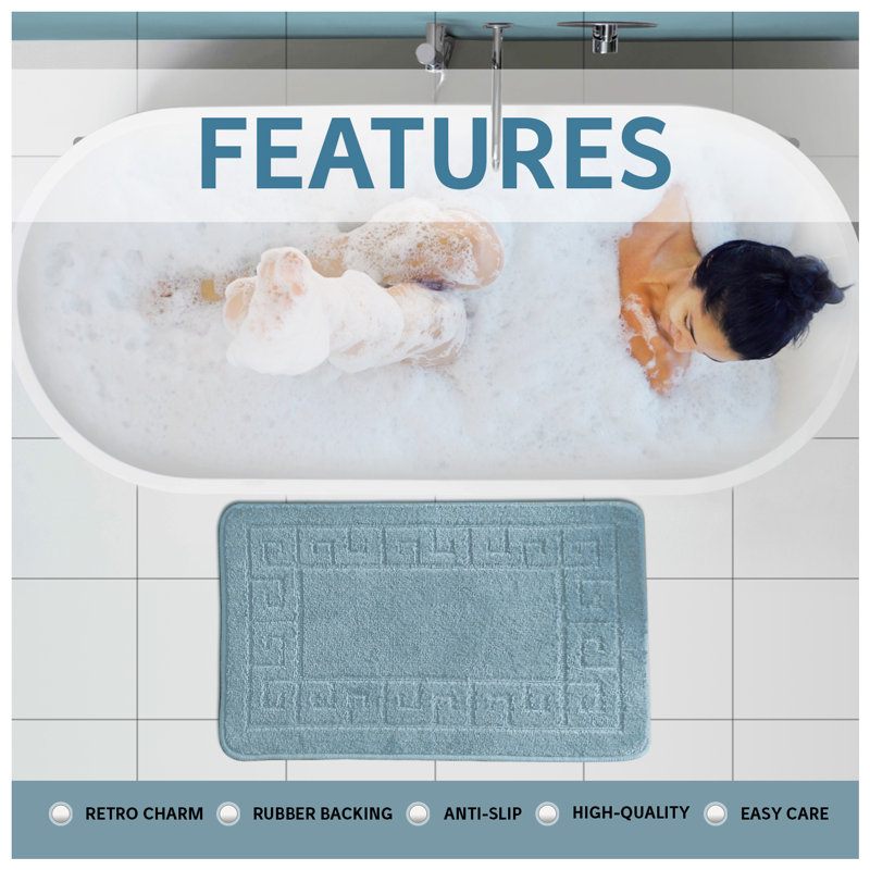 2 Piece Bathroom Rug Set Greek Key Pattern Bath Mat & Pedestal Mat Non Slip Rubber Back Soft Absorbent Mats, Aqua