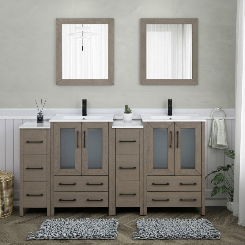  Meuble-lavabo autoportant moderne à double cuve 72 po avec plateau en céramique et miroirs assortis, Gris foncé