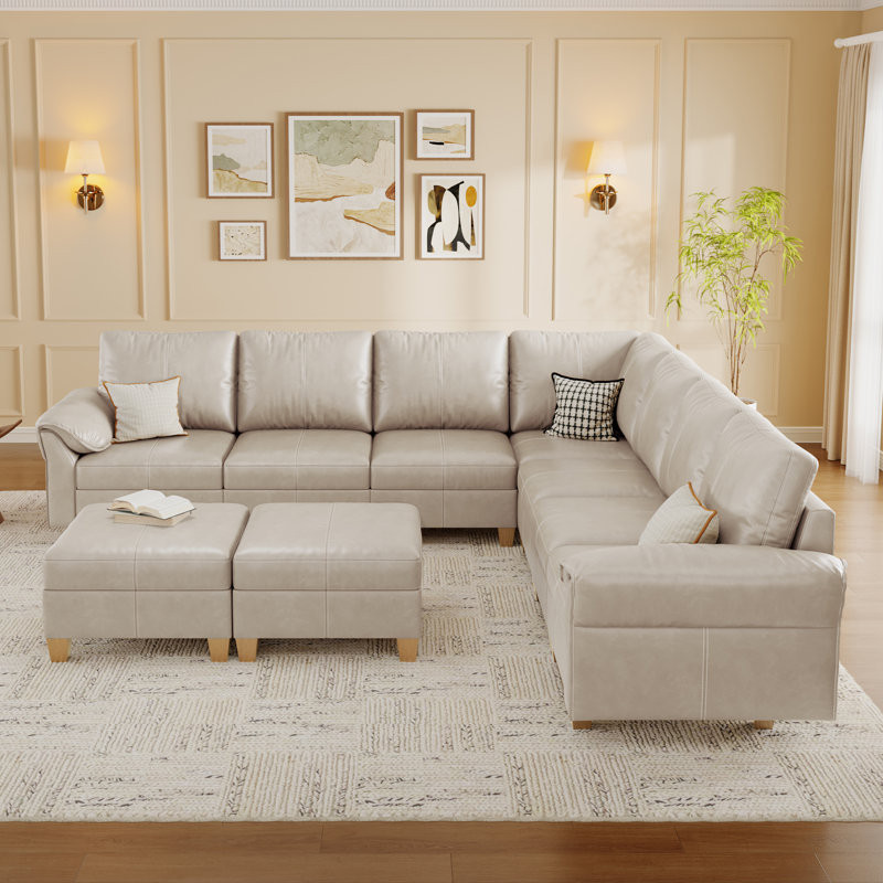 Canapé modulaire 120 po à 9 places en simili cuir avec rangement 120 po, gris, Grège
