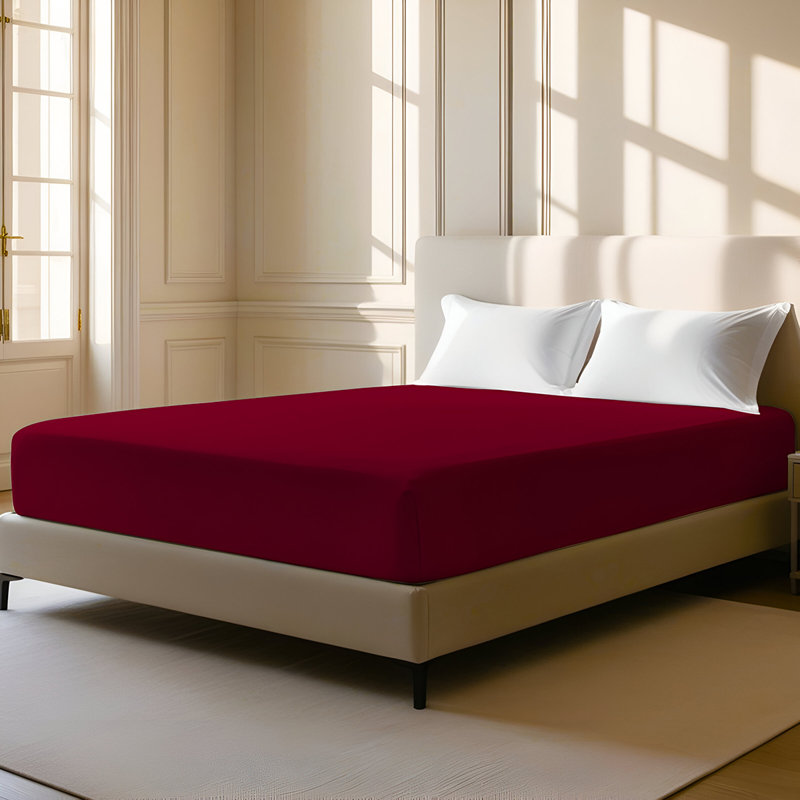 400TC Sateen Solid Cotton Fitted Sheet Fits Upto 8" Deep Pocket, Full / Double Fitted Sheet, Burgundy