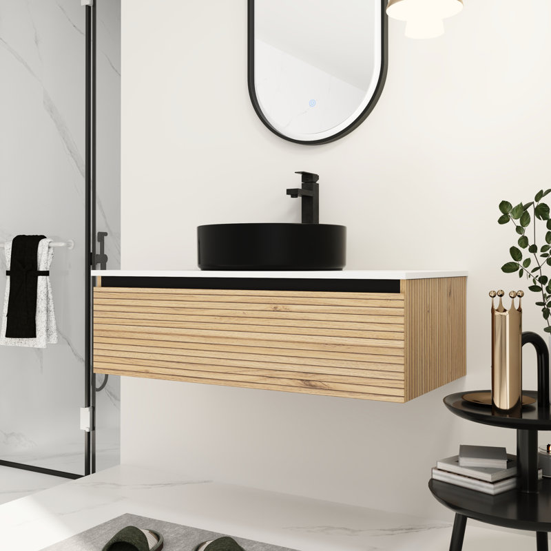 Meuble-lavabo de 36 po avec lavabo en céramique Art Black et tiroir à fermeture en douceur, design moderne pour l'élégance, ton de café principal, matériau en contreplaqué, poignée de tiroir biseautée à extension 2/3 et 45 po, salle de bain, rétractable