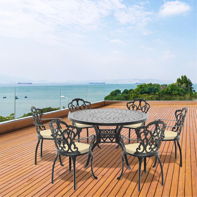 7-Piece Set Of Cast Aluminum Patio Furniture With Black Frame And Seat Cushions