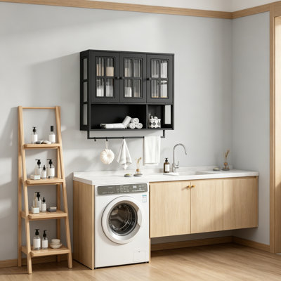 Bathroom Wall Cabinet, 3-Door Wooden Wall Cabinet With Open And Hidden Storage Space, Medicine Cabinet With Glass Door And Towel Bar