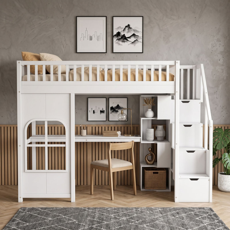 Lit mezzanine avec escalier de rangement, bureau, panneau de fenêtre décoratif et éclairage LED., Twin, White
