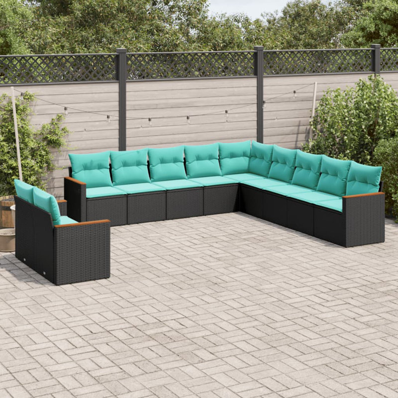  Ensemble de canapé de patio 11 pièces avec coussins en rotin de polyester noir