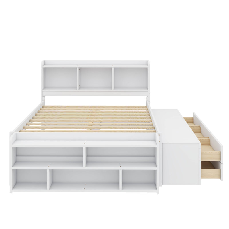 Lit double avec tête de lit bibliothèque intégrée, tiroirs et rangement au bout du lit, Blanc