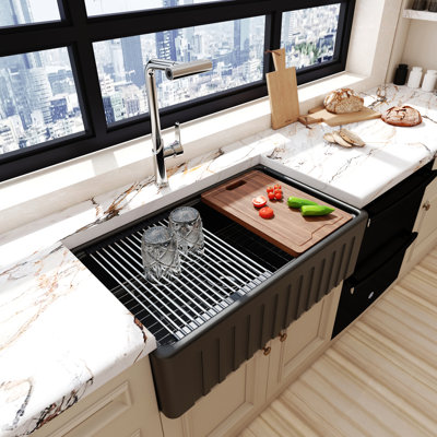 MEJE 33"x20" Black Farmhouse Workstation Kitchen Sink, Cearmic Single Bowl,  Matte Black Color