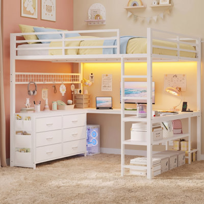 Loft Bed Full Size With U-shaped Desk, 6 Storage Drawers, Power Outlet, Led Metal Loft Bed With 2 Storage Shelves, Bed With Safety Guardrail & Ladders, No Box Spring Needed