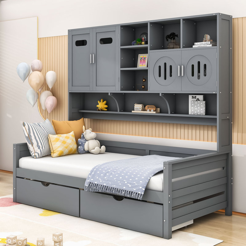 Lit de jour en bois avec deux tiroirs, armoire et tablette, Gris, Lit simple