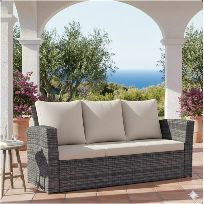 67.7" All-Weather Wicker 3-Seat Patio Sofa, Beige, Brown