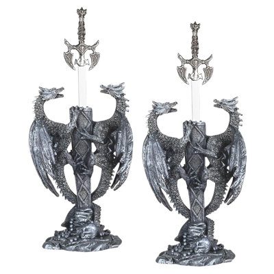 "2-PC Set" ICE ARMOR 11"H Two Medieval Silver Dragons with Sword Guardian Figurine Figurine Statue Ornament Home/Room Decor and Perfect Gift Ideas for House Warming, Holidays and Birthdays Great Collectible Addition