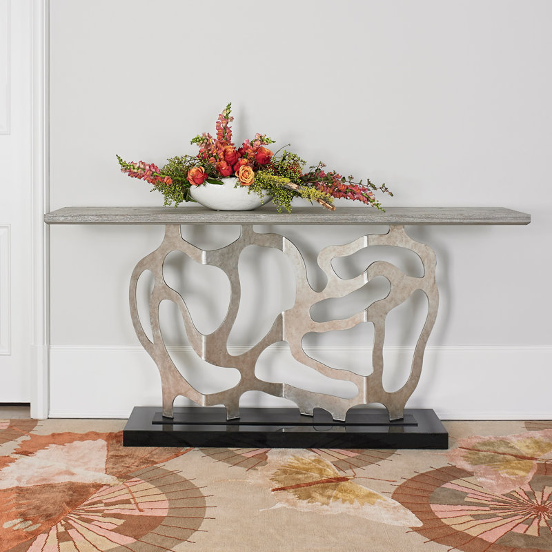 Sculpted 74'' W Solid Wood Console Table, Gray, Silver Metal Leaf/Black
