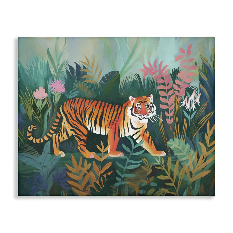 «Tiger in Jungle Leaves», art mural sur toile par Ramona Murdock, H 30 po x l 40 po