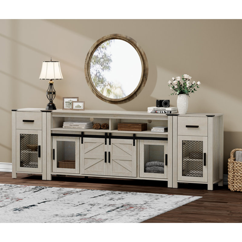 Tv Stand Set For Ups To 85 Inch Tv,Entertainment Center With Sliding Barn Door, Antique White