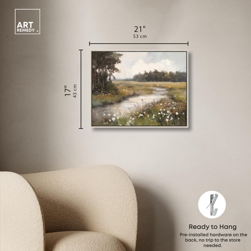 Art, paysage de campagne, toile, arbres et feuillage, H 17 po x l 21 po, Encadrement argenté