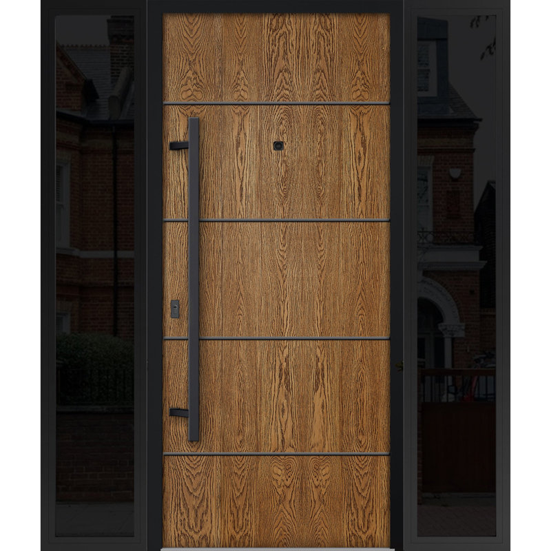 Porte avant en acier pré-suspendue à l'avant / deux en chêne naturel 6683/2 fenêtres latérales extérieures à l'extérieur / entrée en métal peint moderne l 12 + 36 + 12 po x H 80 po à droite