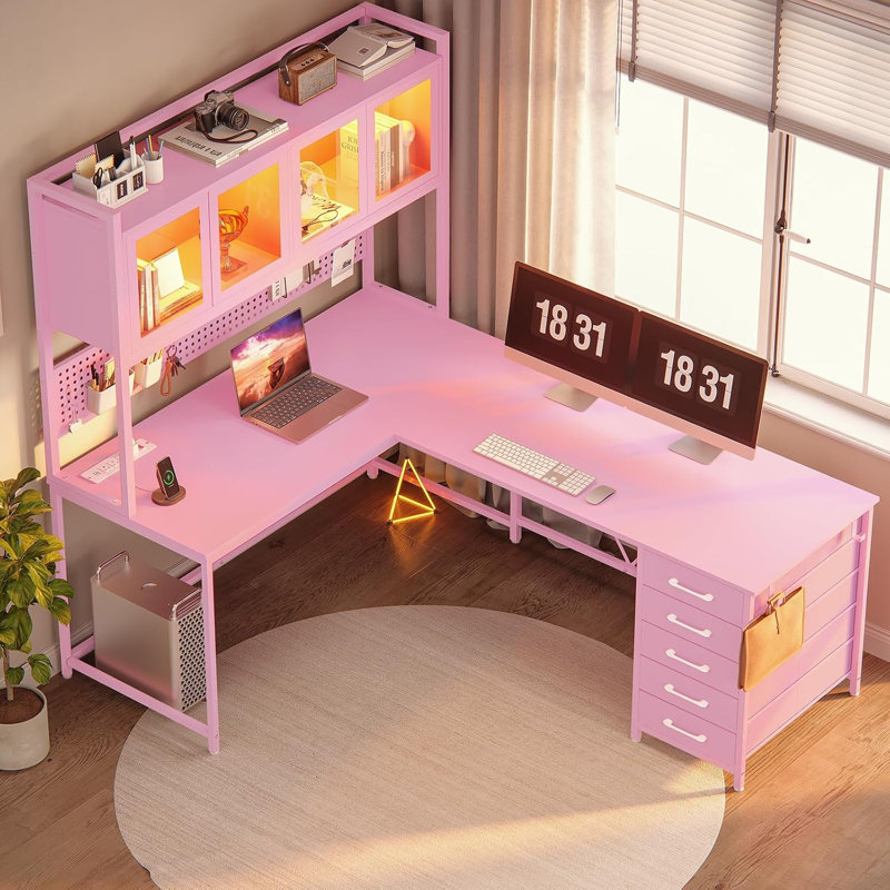 Meuble d'appoint en L Roarke de 62 po avec tablette et armoire rose, Pink