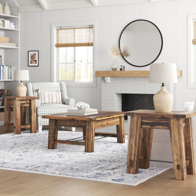 Daryl Durango Industrial Wood Coffee Table Set, 48 in. L Acacia Wood Coffee Table with Metal Accents and Two End Tables, Rustic Farmhouse Style, Living Room Accent Furniture Set of 3