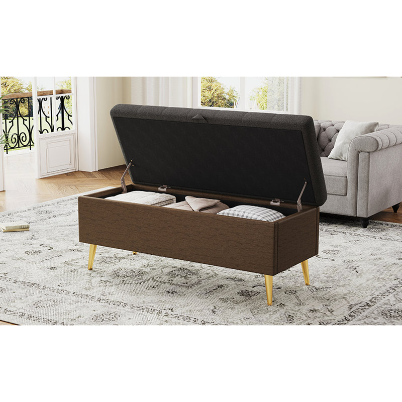 Modern Grey Multi - Functional Bench With Gold Metal Legs And Design For Entryway American Style Easy Lift Lid Frame Living Room
