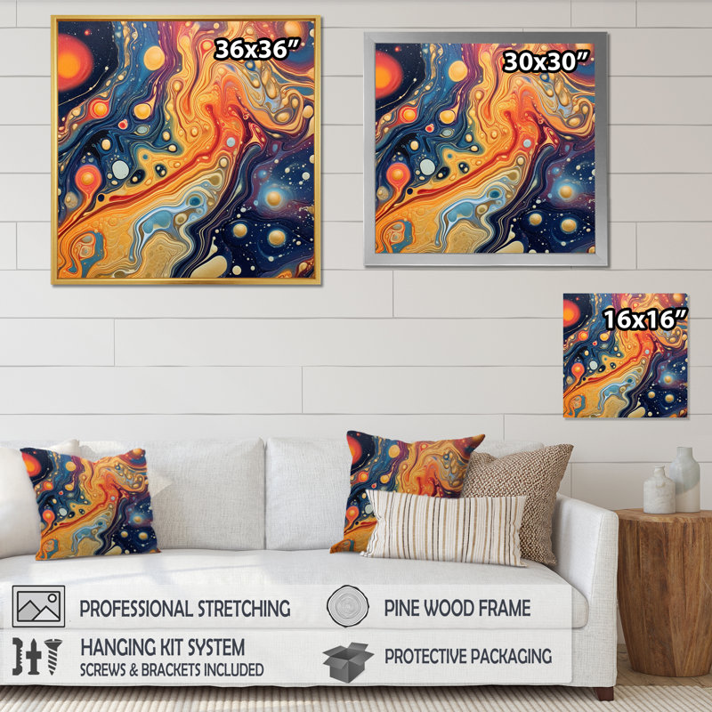 Orange galactique bleu II, H 36 po x l 36 po x P 1,5 po, Cadre flottant noir