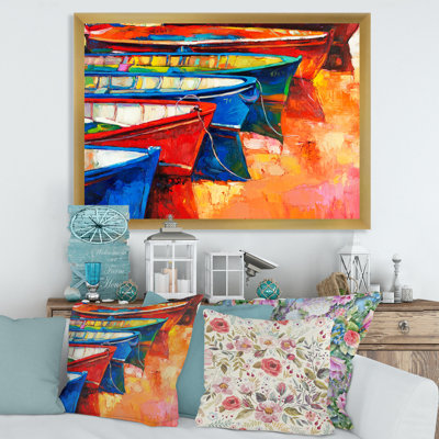 Bateaux dans le port pendant un coucher de soleil chaud II - peinture sur toile