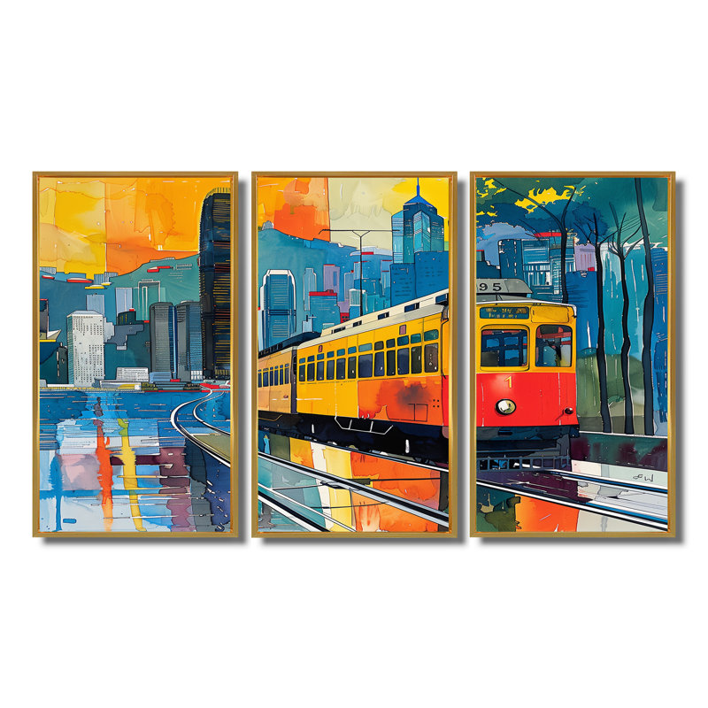 Train to hong kong Pop Art II - ensemble d'art mural hong kong, Toile avec cadre flottant or, H 40 po x l 20 po x P 1 po