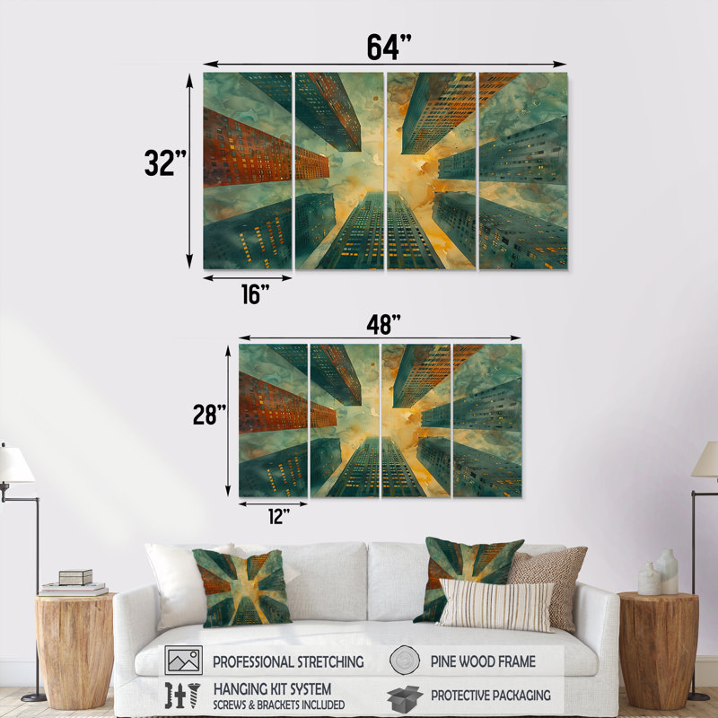 Vert, rouge, urbain, rétro, gratte-ciel, ensemble d'art sur toile gratte-ciel, H 32 po x l 64 po