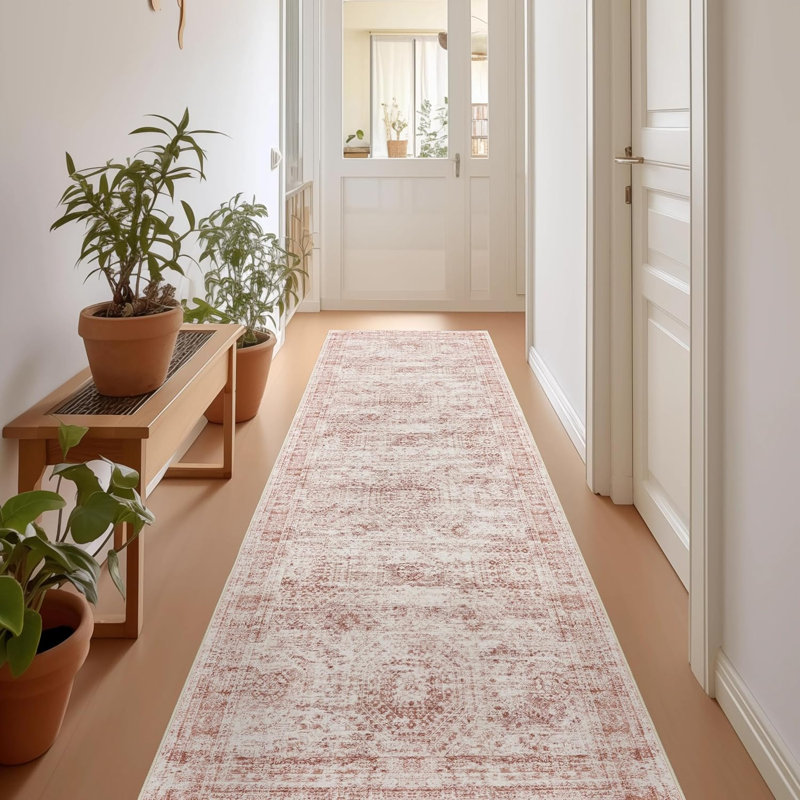 Vintage Distressed Non Slip Washable Rug(Pink), Runner 2' x 8'