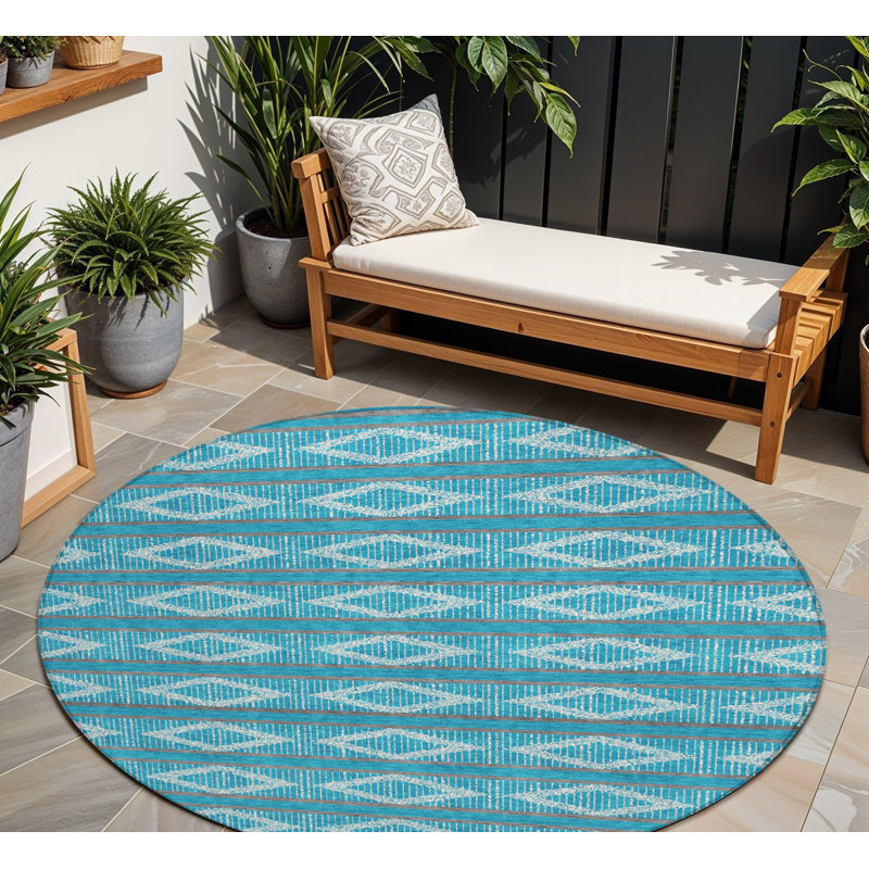 Tapis intérieur / extérieur rond 8 pi bleu / gris / ivoire