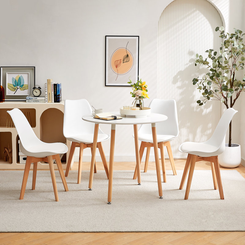 Nero Round Solid Wood Base Dining Table, White, Natural